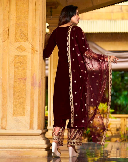 Maroon Embroidery Velvet Straight Kurta With Pant And Dupatta