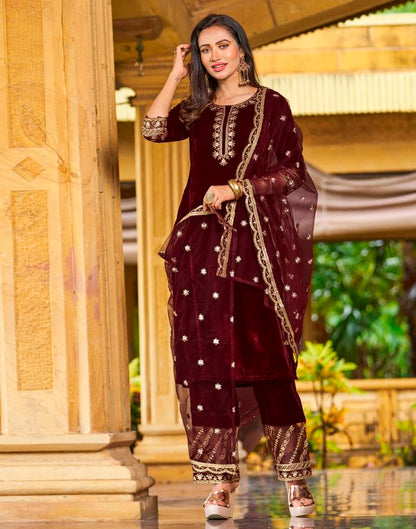 Maroon Embroidery Velvet Straight Kurta With Pant And Dupatta