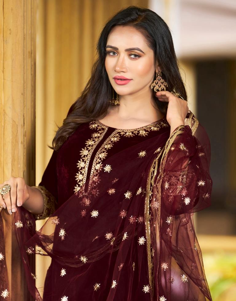 Maroon Embroidery Velvet Straight Kurta With Pant And Dupatta