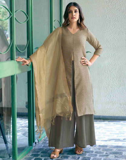 Beige Woven Chinnon A-Line Kurta With Pant And Dupatta