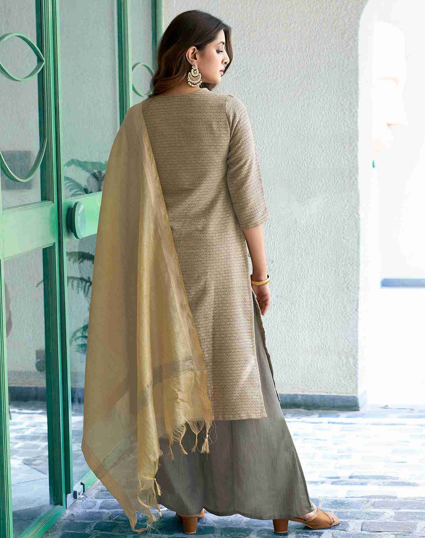 Beige Woven Chinnon A-Line Kurta With Pant And Dupatta