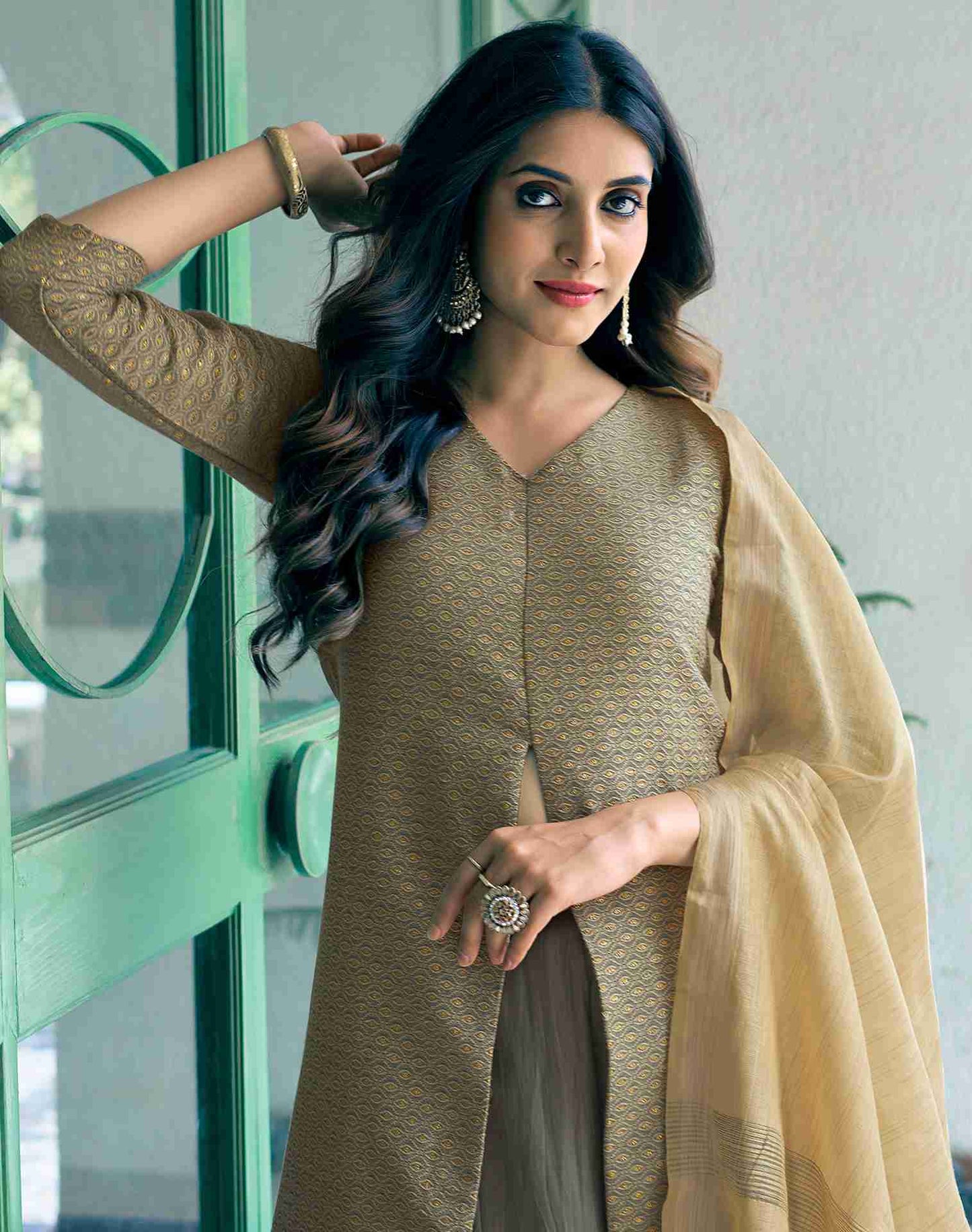 Beige Woven Chinnon A-Line Kurta With Pant And Dupatta