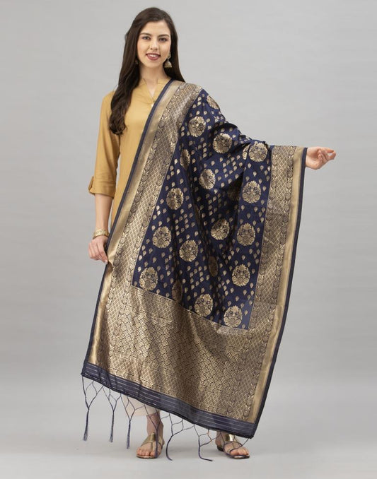 Favourable Navy Blue Coloured Poly Silk Jacquard Dupatta | Sudathi