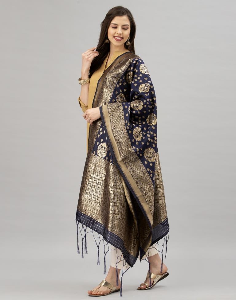 Favourable Navy Blue Coloured Poly Silk Jacquard Dupatta | Sudathi