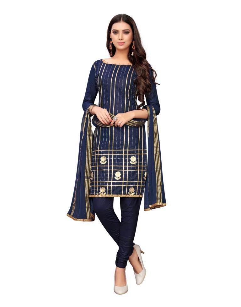 Navy Blue Cotton Embroidered Unstitched Salwar Suit | Sudathi