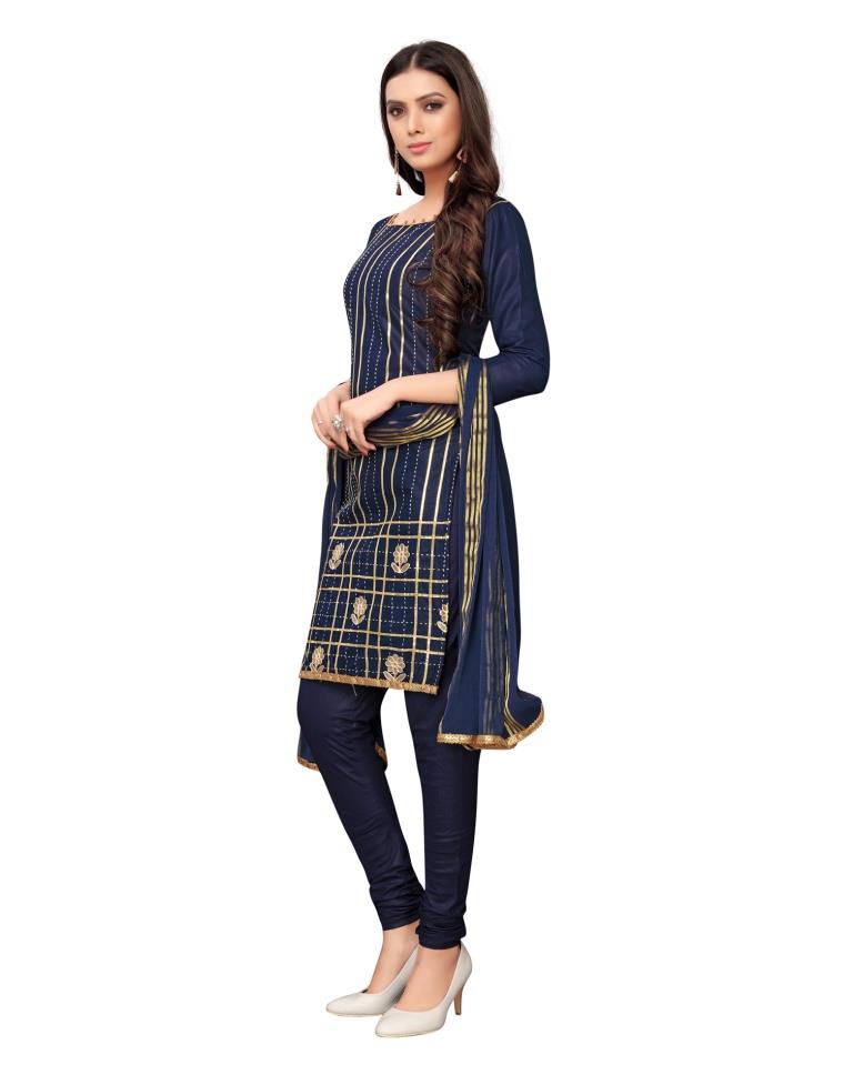 Navy Blue Cotton Embroidered Unstitched Salwar Suit | Sudathi