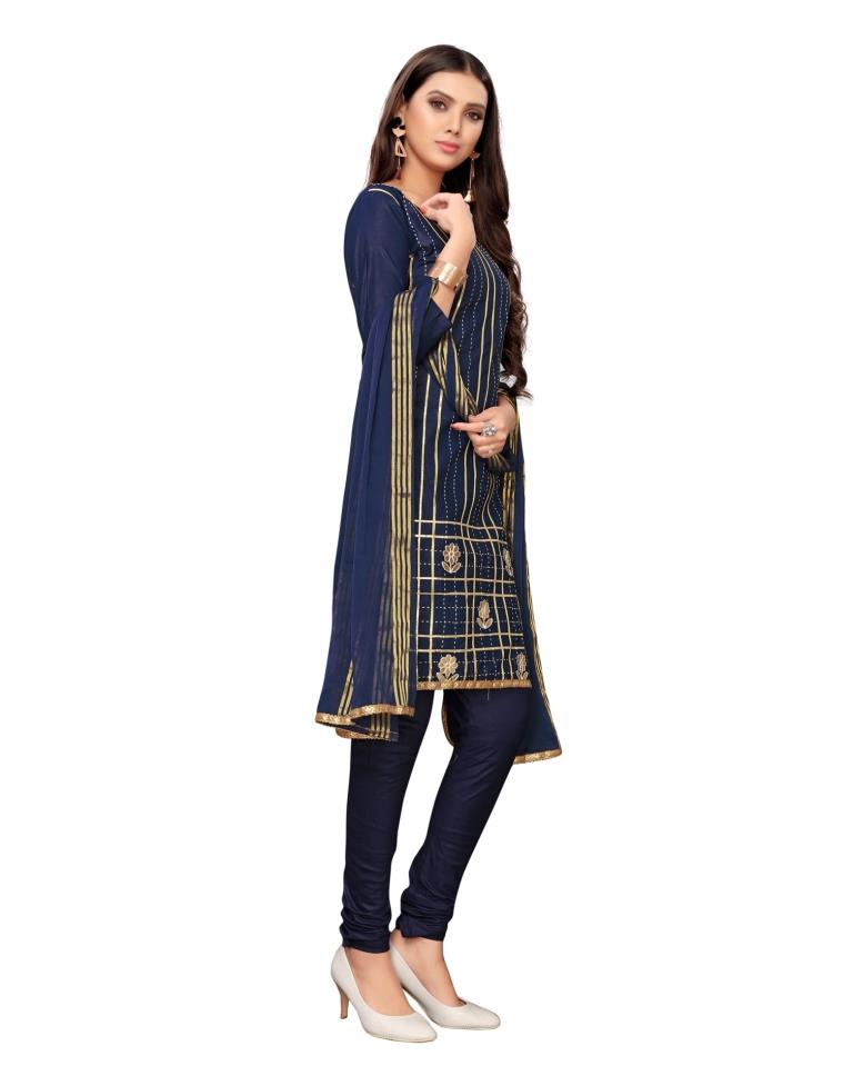 Navy Blue Cotton Embroidered Unstitched Salwar Suit | Sudathi