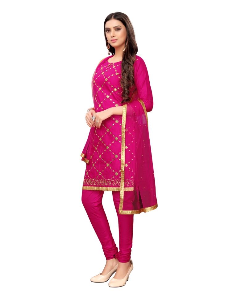 Pink Cotton Embroidered Unstitched Salwar Suit | Sudathi