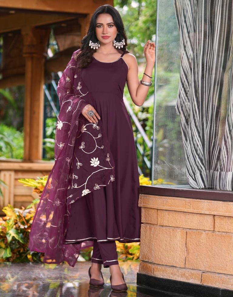 Wine Cotton Plain Flared Kurta Set