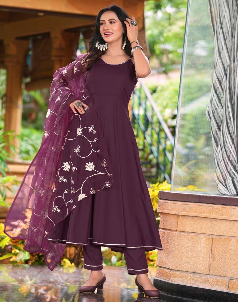 Wine Cotton Plain Flared Kurta Set