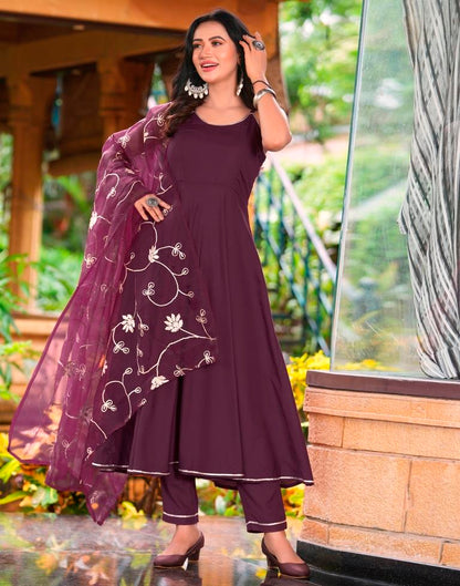 Wine Cotton Plain Flared Kurta Set