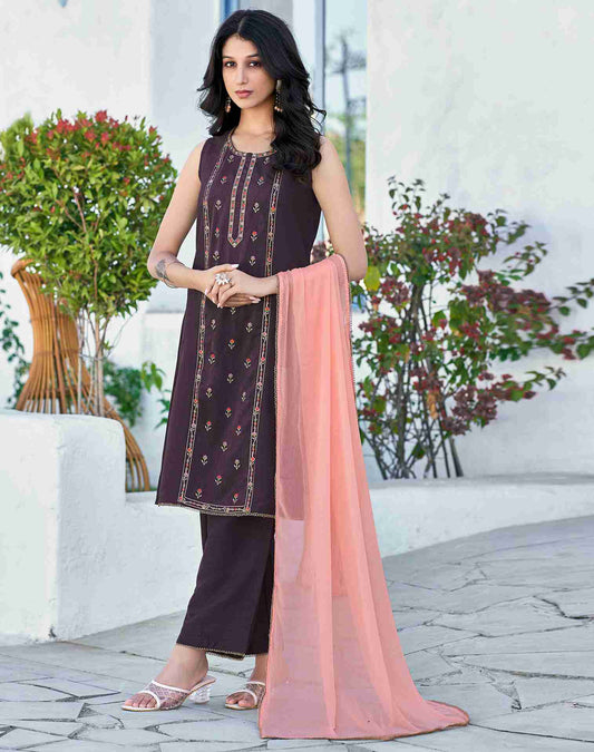 Dusty Purple Embroidery Silk Straight Kurta With Pant And Dupatta