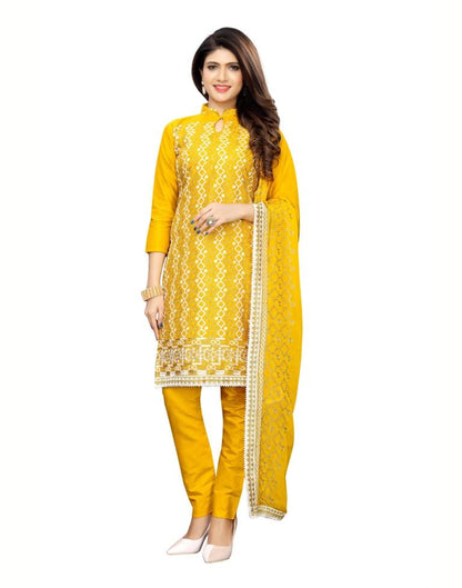 Yellow Cotton Unstitched Thread Embroidered Unstitched Salwar Suit | Sudathi