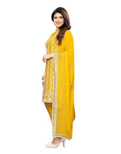 Yellow Cotton Unstitched Thread Embroidered Unstitched Salwar Suit | Sudathi