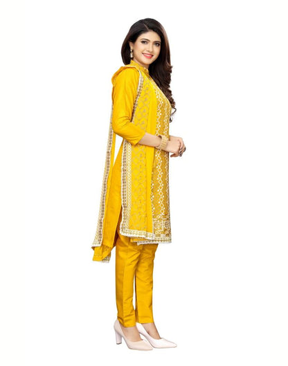 Yellow Cotton Unstitched Thread Embroidered Unstitched Salwar Suit | Sudathi