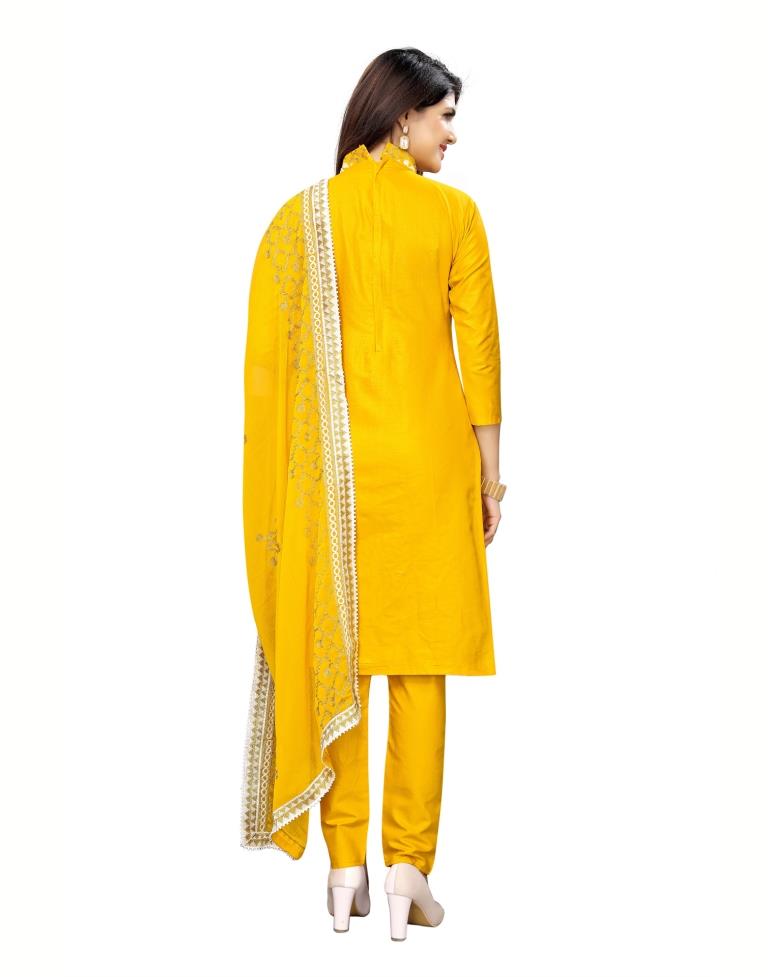 Yellow Cotton Unstitched Thread Embroidered Unstitched Salwar Suit | Sudathi