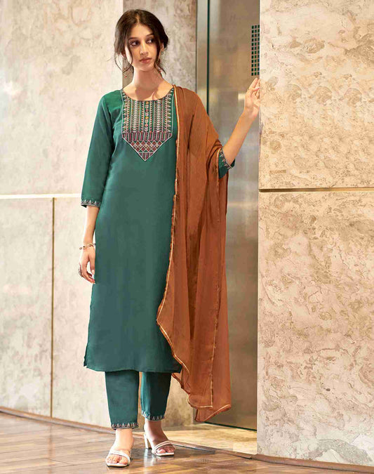 Mouve Green Embroidery Chinnon Straight Kurta With Pant And Dupatta