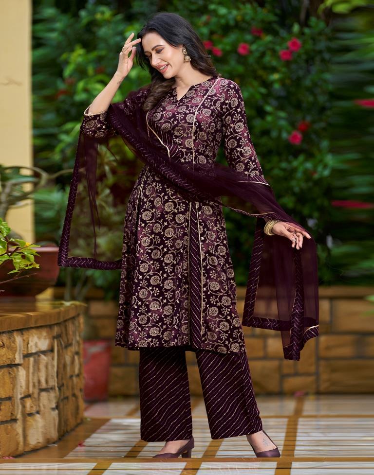 Wine Printed Cotton Straight Kurta With Pant And Dupatta