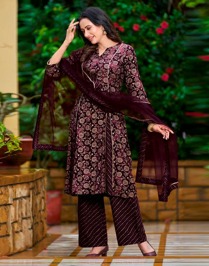 Wine Printed Cotton Straight Kurta With Pant And Dupatta