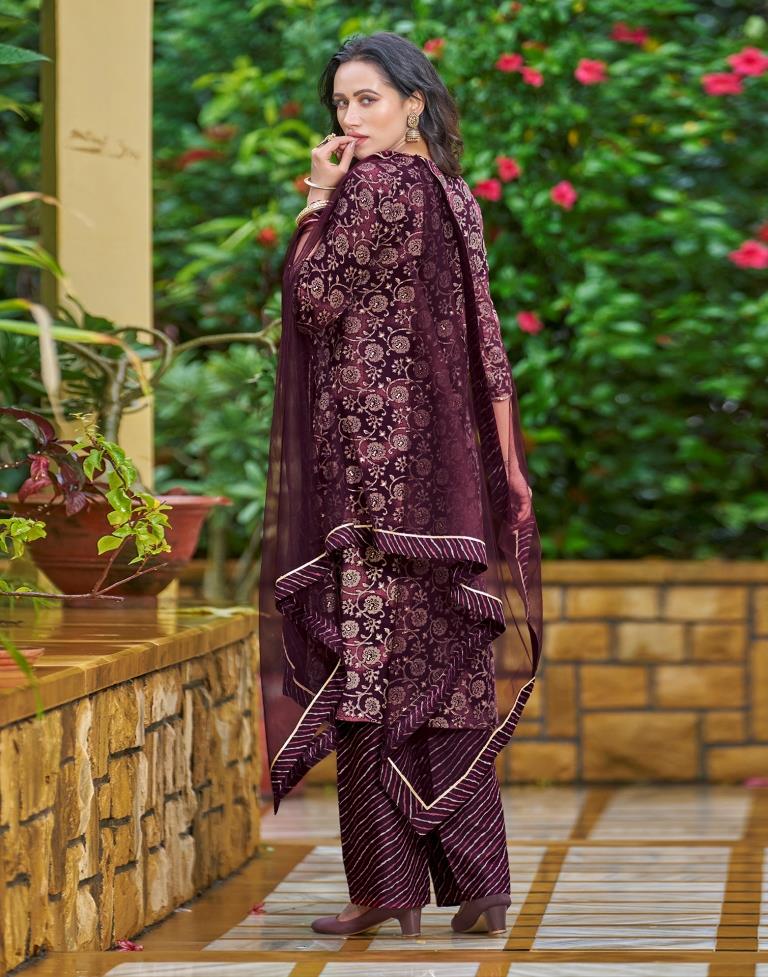 Wine Printed Cotton Straight Kurta With Pant And Dupatta