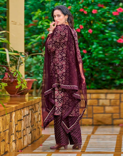 Wine Printed Cotton Straight Kurta With Pant And Dupatta