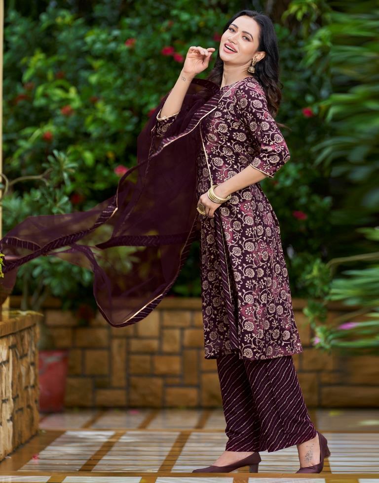 Wine Printed Cotton Straight Kurta With Pant And Dupatta