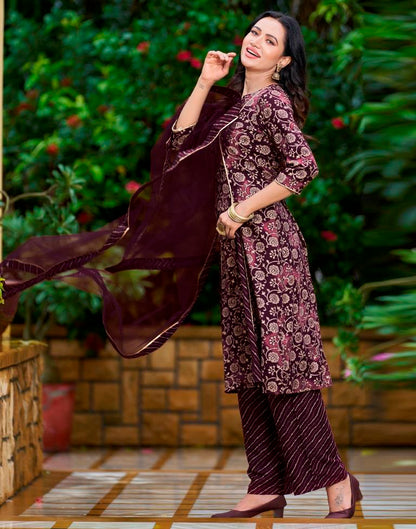 Wine Printed Cotton Straight Kurta With Pant And Dupatta