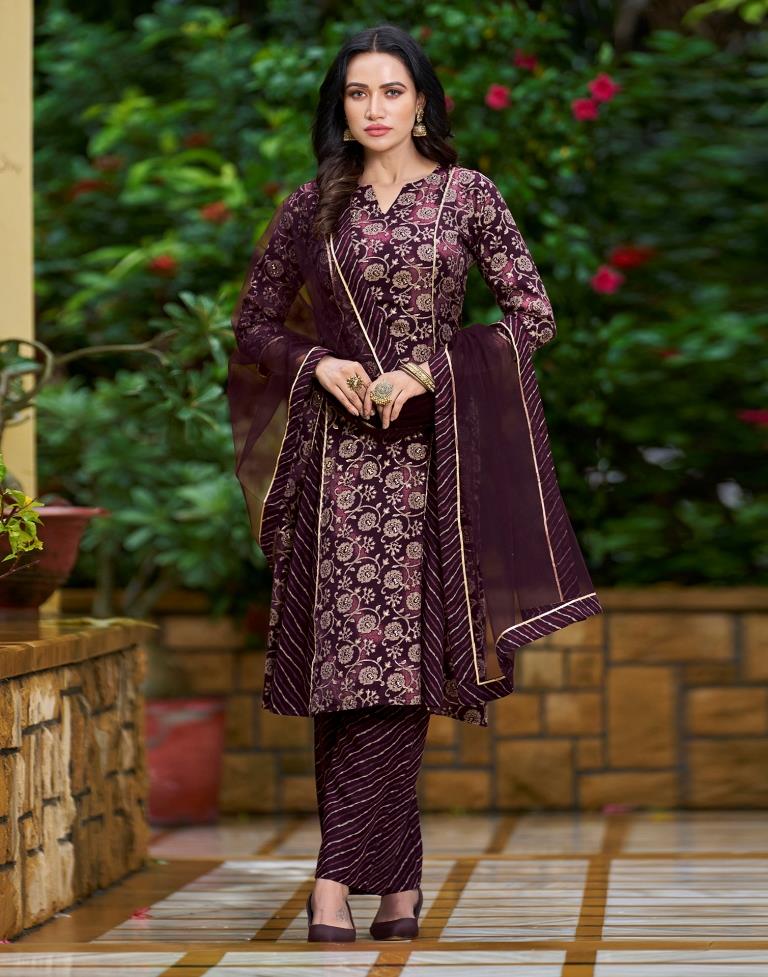 Wine Printed Cotton Straight Kurta With Pant And Dupatta