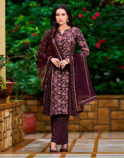 Wine Printed Cotton Straight Kurta With Pant And Dupatta