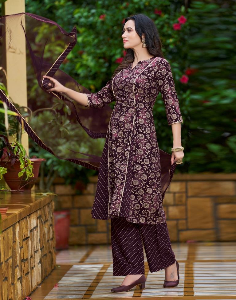 Wine Printed Cotton Straight Kurta With Pant And Dupatta