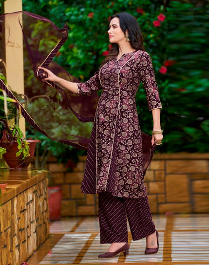 Wine Printed Cotton Straight Kurta With Pant And Dupatta