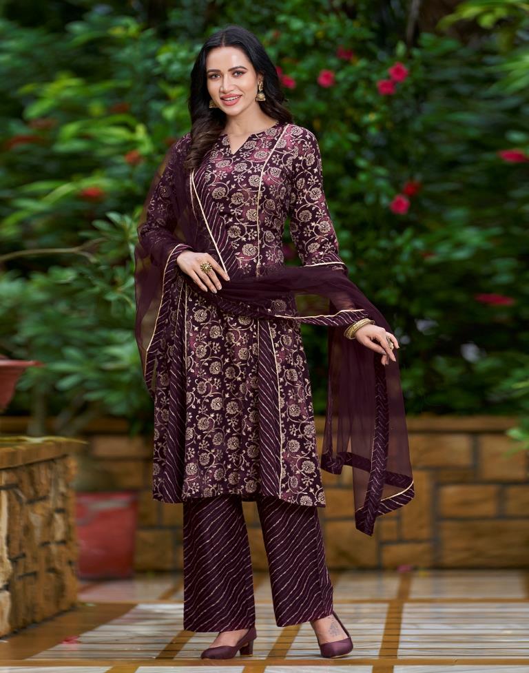 Wine Printed Cotton Straight Kurta With Pant And Dupatta