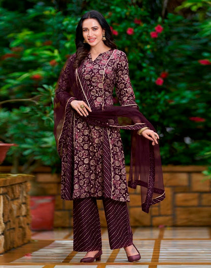 Wine Printed Cotton Straight Kurta With Pant And Dupatta