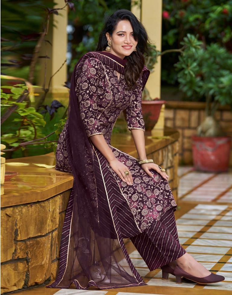 Wine Printed Cotton Straight Kurta With Pant And Dupatta