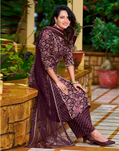 Wine Printed Cotton Straight Kurta With Pant And Dupatta