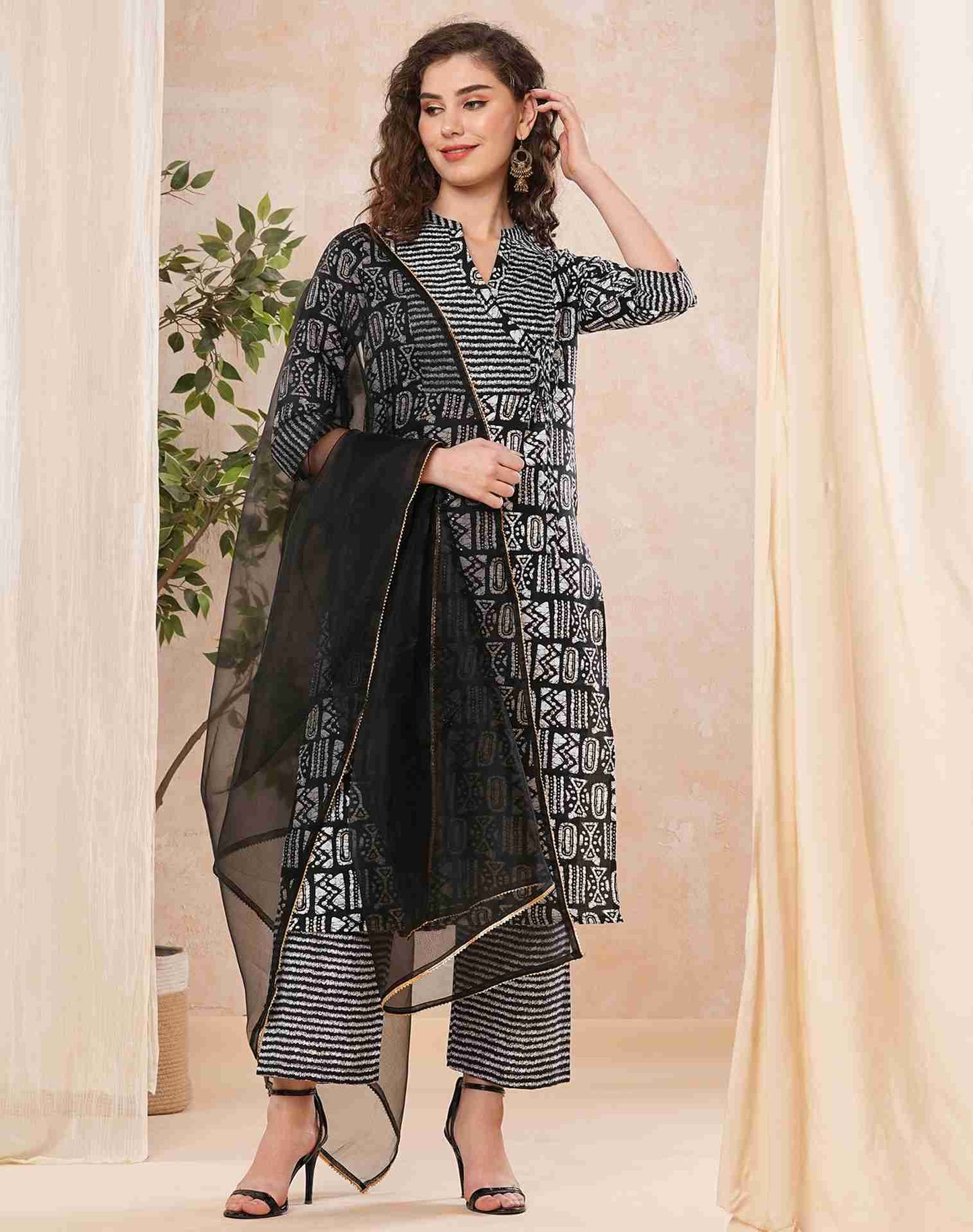 Black Printed Cotton Straight Kurta With Pant And Dupatta