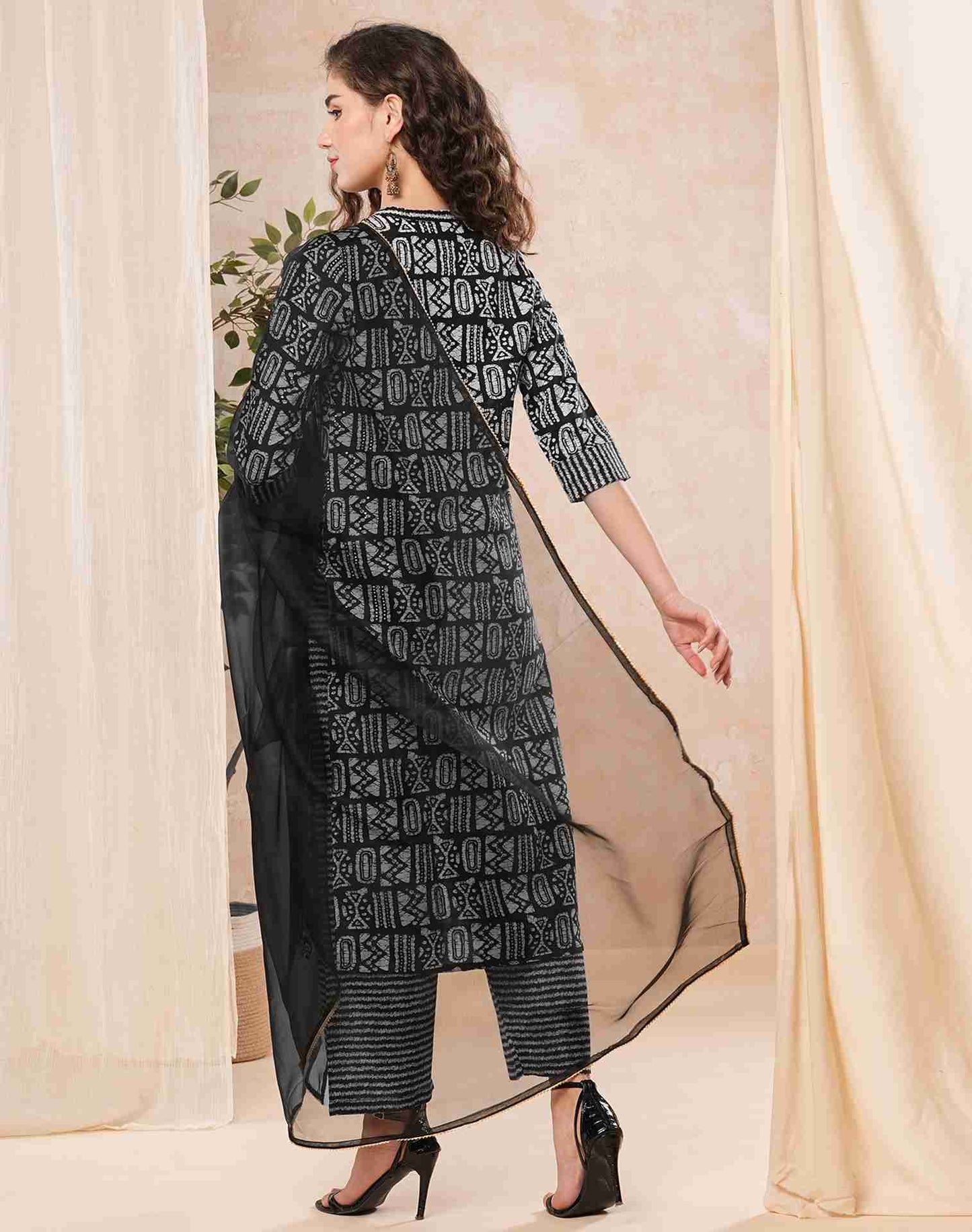 Black Printed Cotton Straight Kurta With Pant And Dupatta