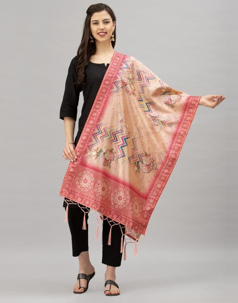 Peppy Peach Coloured Poly Silk Digital Printed Dupatta | Sudathi