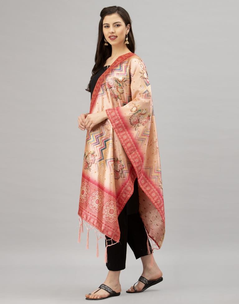 Peppy Peach Coloured Poly Silk Digital Printed Dupatta | Sudathi