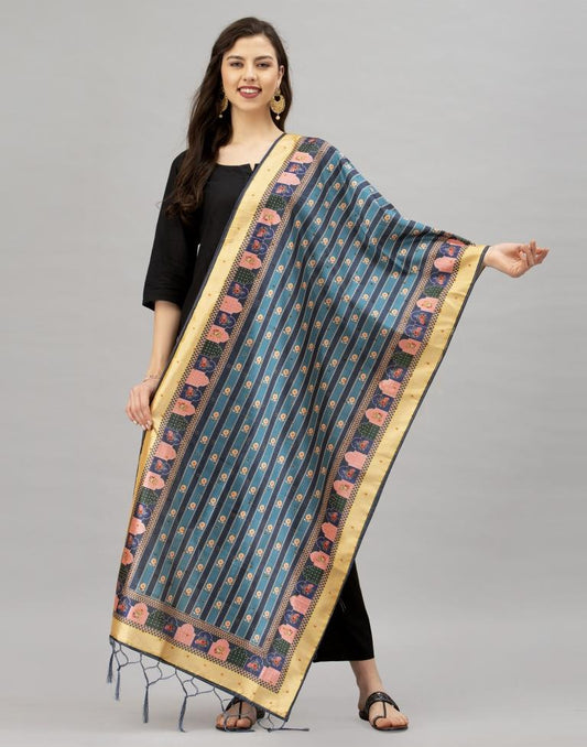 Refreshing Teal Blue Coloured Poly Silk Digital Printed Dupatta | Sudathi