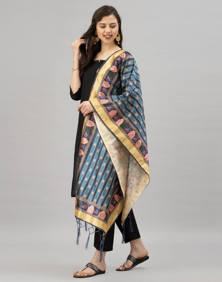 Refreshing Teal Blue Coloured Poly Silk Digital Printed Dupatta | Sudathi