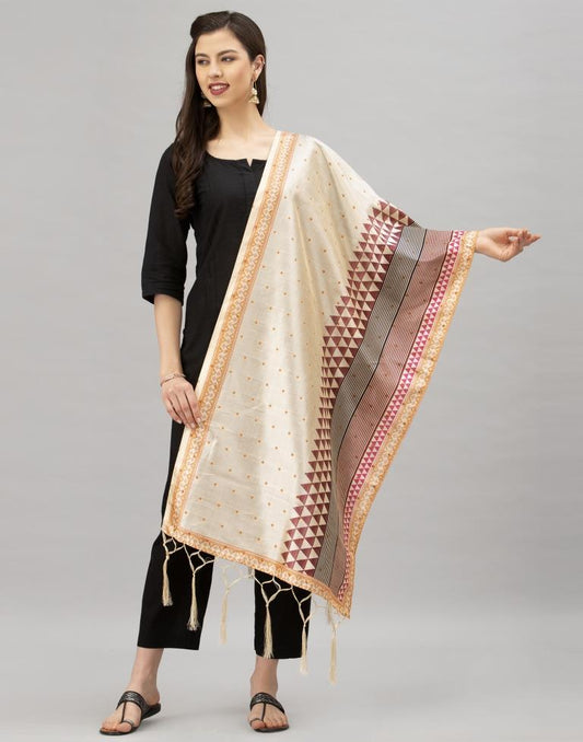 Royal Cream Coloured Poly Silk Digital Printed Dupatta | Sudathi