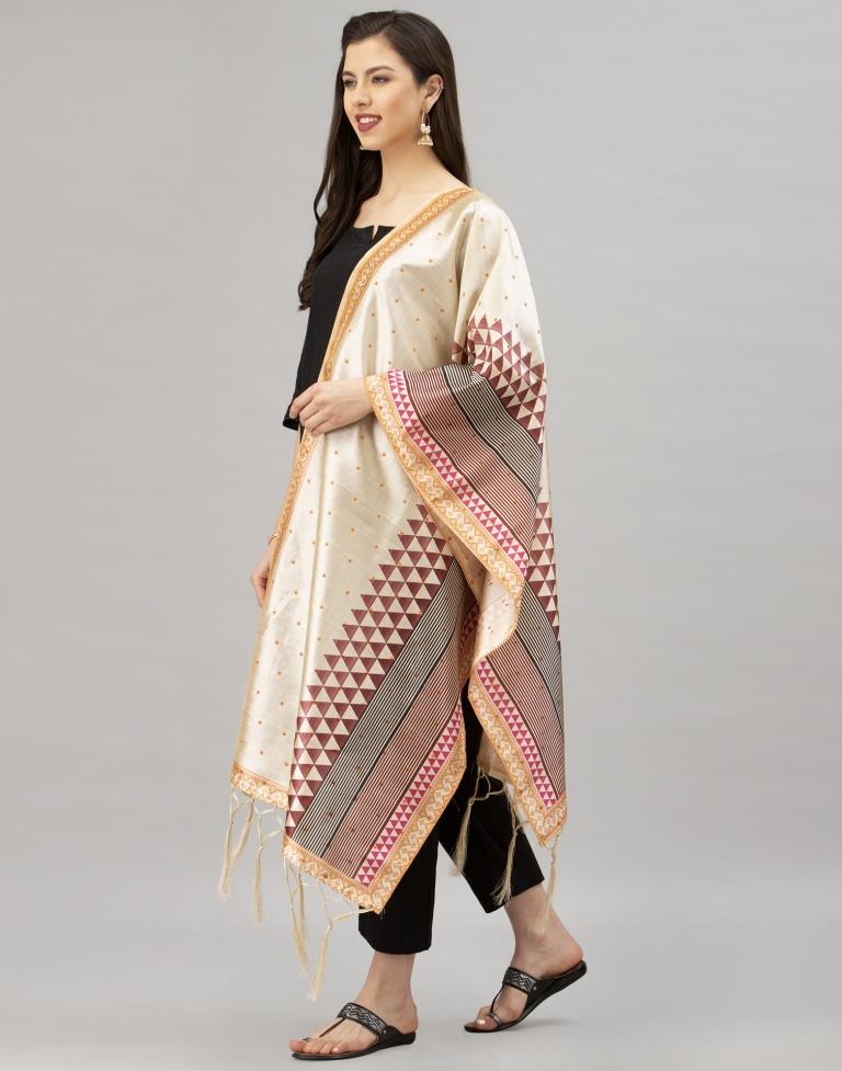 Royal Cream Coloured Poly Silk Digital Printed Dupatta | Sudathi