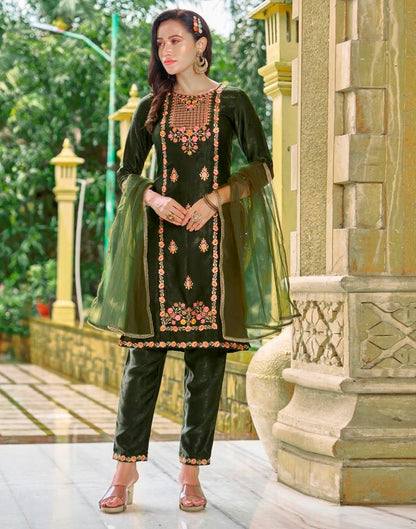 Bottle Green Embroidery Velvet Straight Kurta With Pant And Dupatta