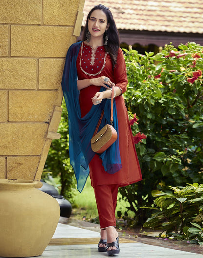 Red Plain Chinnon Straight Kurta Set With Dupatta
