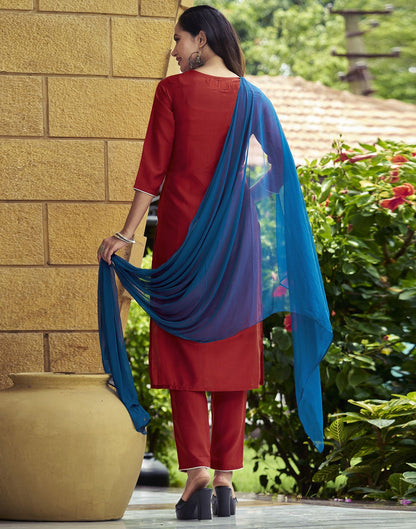Red Plain Chinnon Straight Kurta Set With Dupatta