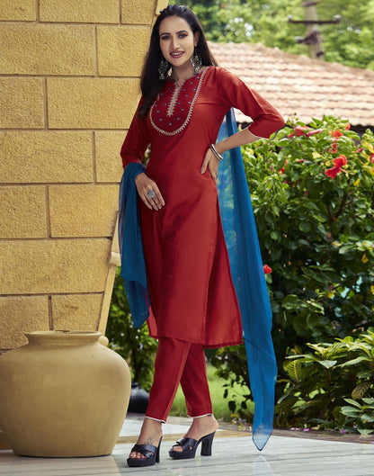 Red Plain Chinnon Straight Kurta Set With Dupatta