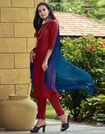 Red Plain Chinnon Straight Kurta Set With Dupatta