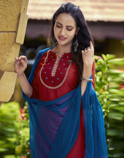 Red Plain Chinnon Straight Kurta Set With Dupatta