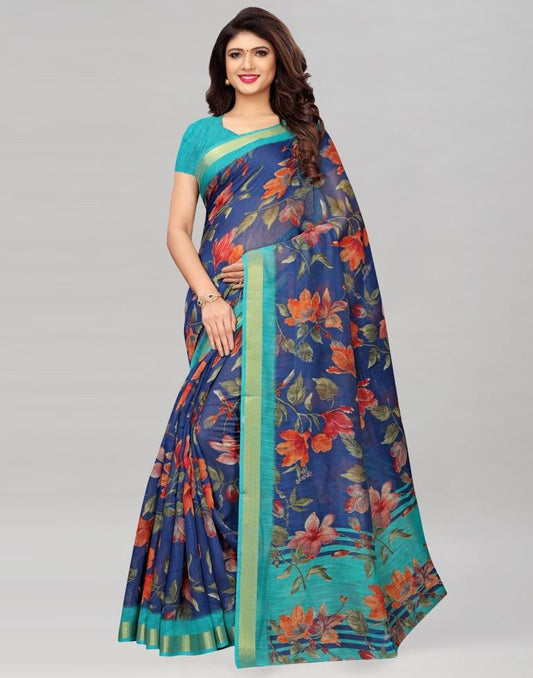 Navy Blue Printed Silk Saree